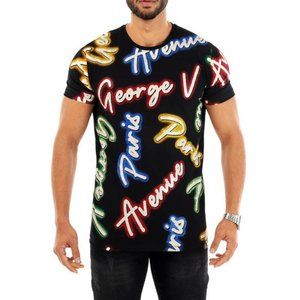 Avenue George V Paris T-Shirt Men's Black Short Sleeve  Neon Rhinestone XL NWT